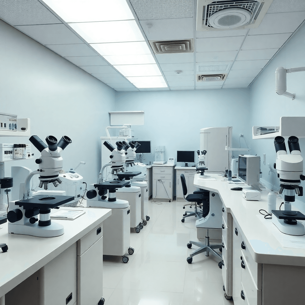 Laboratorio de patología moderno con microscopios y equipo médico