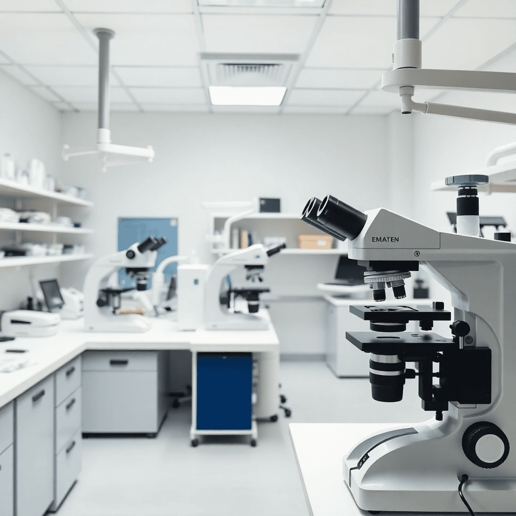 Laboratorio de patología con microscopios y equipo médico
